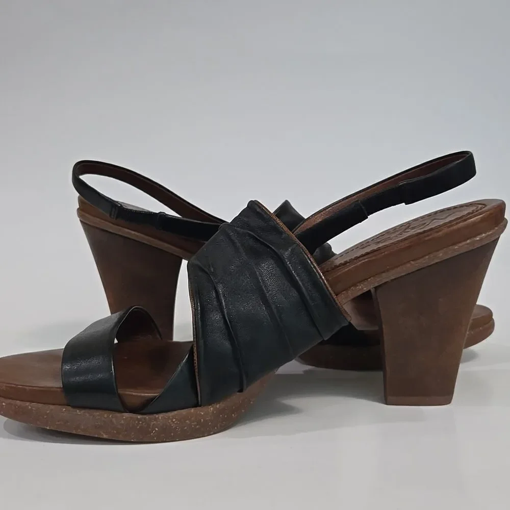 Naya Alamosa Black Leather Sling Back Sandals Block Heel Sz 9.5 Buckle Strappy‎
